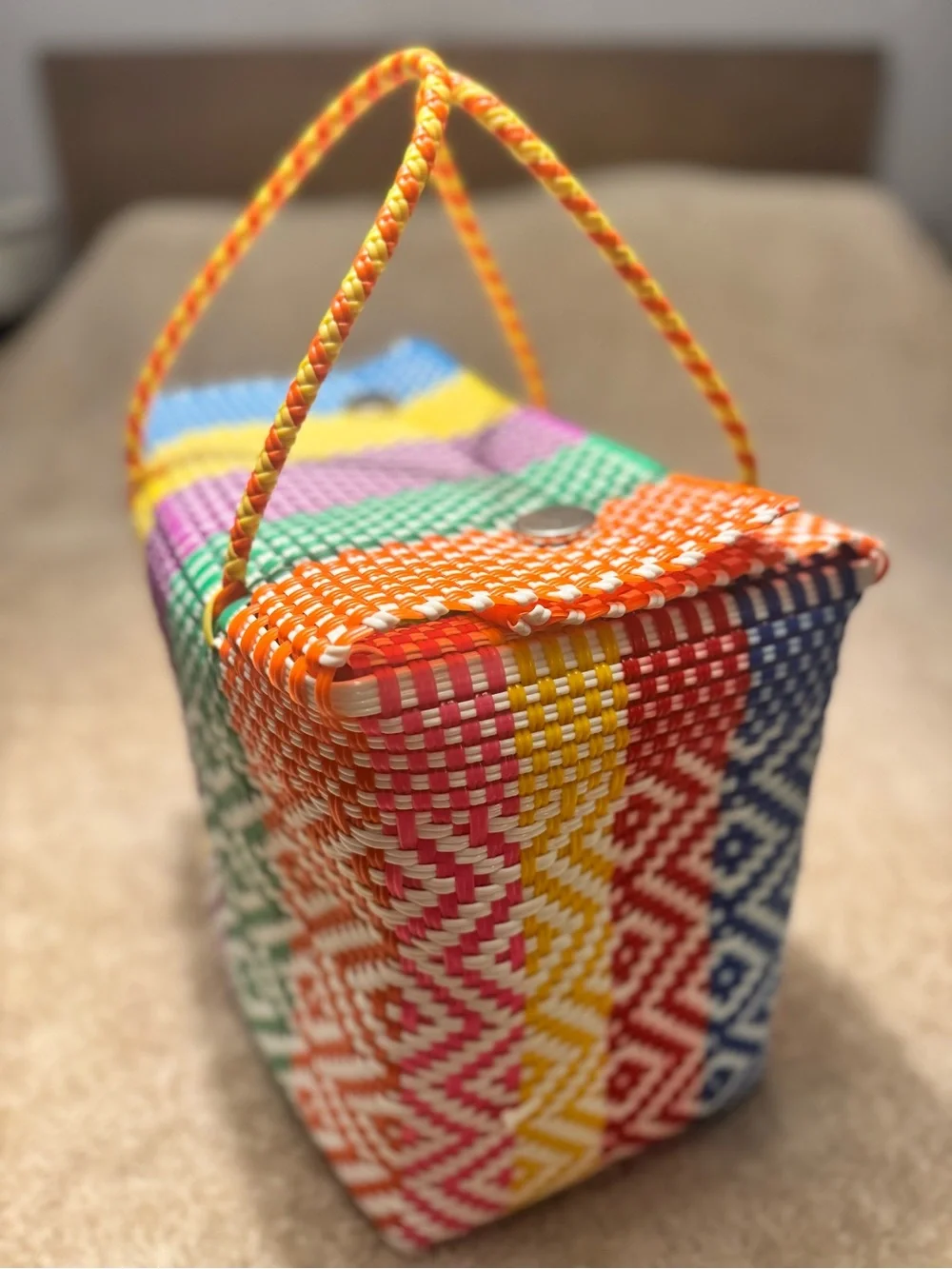 Rainbow Stripe Handwoven Picnic Tote bag